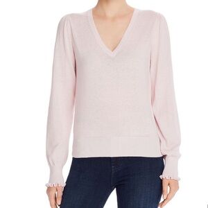 Rebecca Taylor La Vie Ruffle Cuff V-Neck Wool Blend Light Pink Sweater, XL